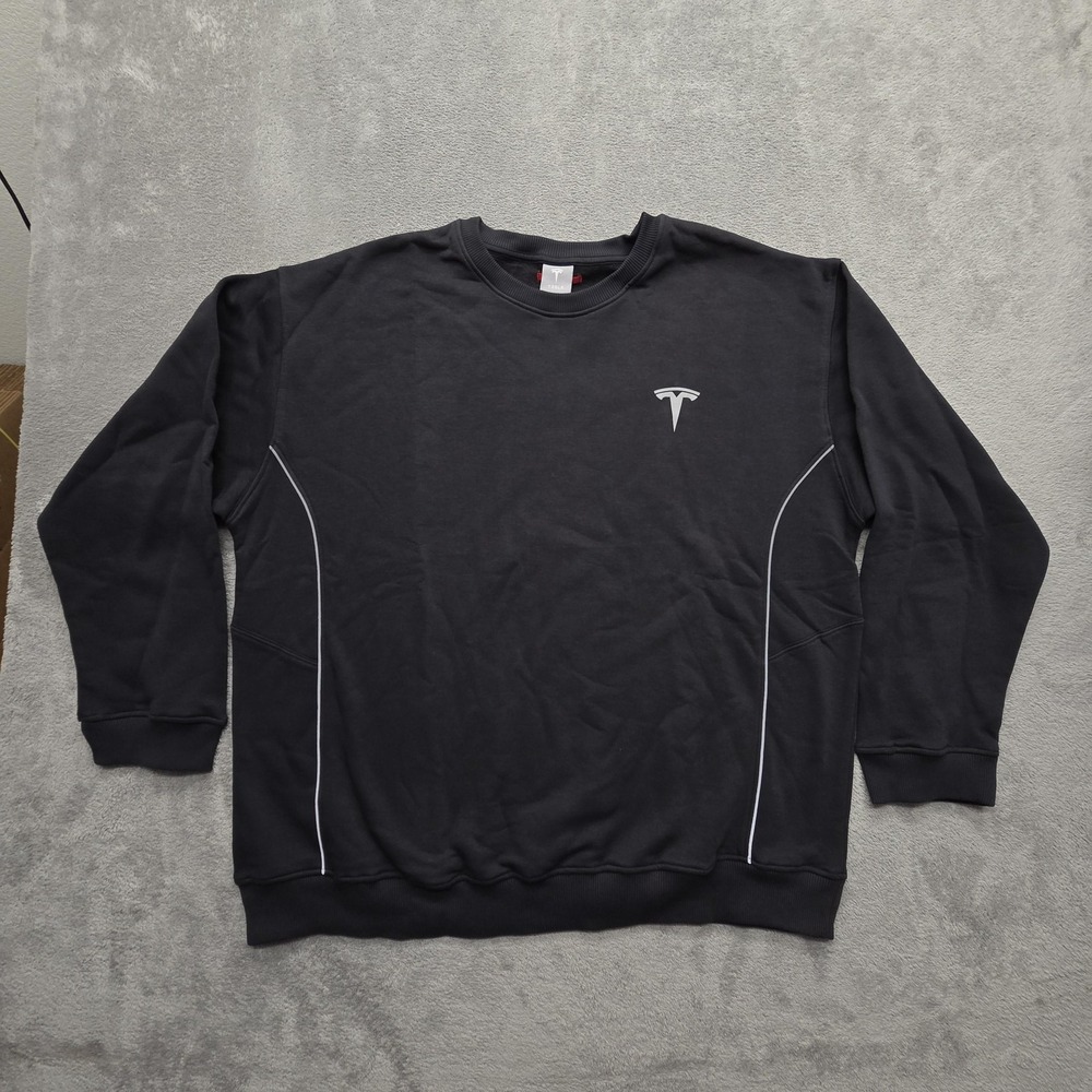 Tesla Sweatshirt Mens 2XL Black Crew Neck Pullover Fleece Logo